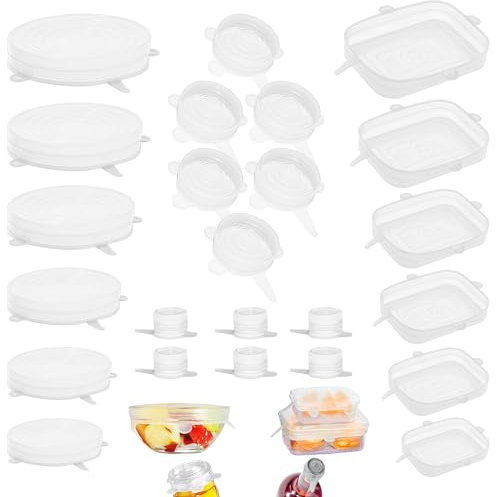 Tapas silicona ajustables cocina 24 uds flexibles y ajustables ecologicas reutilizables libres de BPA aptas para lavavajillas seguras para conservar