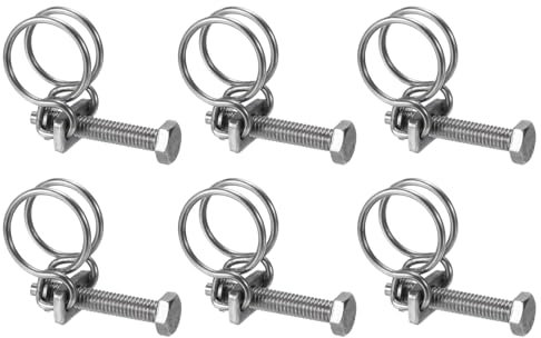 sourcing map 6Pcs Double Wire Hose Clamp, 15-18mm Adjustable Stainless Steel Wire Hose Clips with M6 Bolt for Dust Collection Hose, Pump Hose Pipe