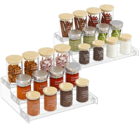 Lifewit Plastic 3-Tier Spice Rack, Clear Spice Organization for Cabinet, Counter, Organizer Shelf for Condiment, Seasoning, Syrup,Liquor, Medicine and Perfume for Kitchen, Pantry,bathroom,bar, 2 Pack