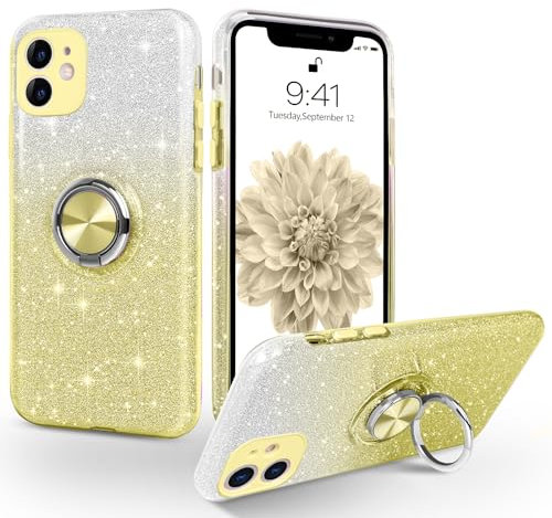 SouliGo Hülle kompatibel mit iPhone 11, iPhone 11 Hülle Glitzer, iPhone 11 Handyhülle Silikon Case Cover mit 360 Grad Ring Halter Ständer stabil Kratzfest Hülle für iPhone 11 6.1 Zoll Bling Gelb
