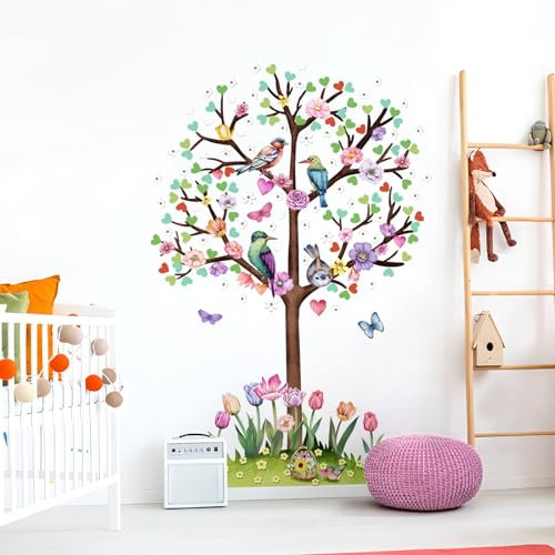 Decvictor Wandtattoo Bunt Blumenbaum Wandaufkleber Vögel Tulpen Gras Wandsticker Kinderzimmer Babyzimmer Jungenzimmer Mädchenzimmer Wanddeko (W81 * H124 cm)