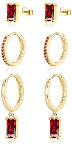 Cerslimo Gold Earrings Set - 3 Pairs Sterling Silver & Cubic Zirconia: Huggie Hoop, Diamond Stud & Drop, Girls' Gold Earrings