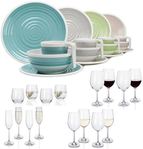 Melamin Camping Geschirr Set 4 Personen Harmonie 16 Teilig + 16 Gläser Wasser Weingläser Champagner Tafelgeschirr Picknick BBQ Kochgeschirr