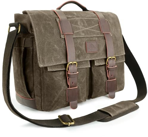 densata Messenger-Tasche für Herren, 39,6 cm (15,6 Zoll), Vintage-Laptop-Tasche, gewachstes Segeltuch, Aktentasche aus Leder, Aktentasche für Schule und Arbeit (Vintage-Grau)