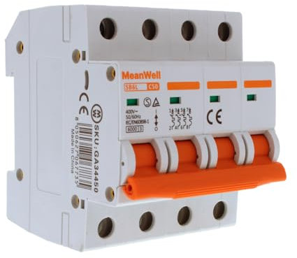 MeanWell Interruttore Magnetotermico Trifase 380V, Curva C 6000A, MCB 4P C50 50A, 4 Poli Occupa 4 Moduli Barra DIN