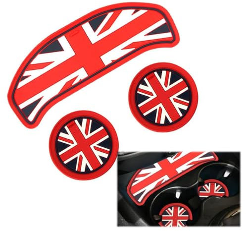 NIYATA 3 PCS Car Cup Coaster, Anti-Slip Coaster Mats for Car Cup Holder,Silicone Shockproof Mat & Storage Box,Car Coasters for Cup Holders Compatible with Mini F55 F56 (Union Jack)