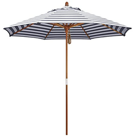 Parasol de marché en bois rayé bleu blanc de 2,7 m avec poulie pour extérieur, patio, piscine, terrasse et café, grand parasol de jardin