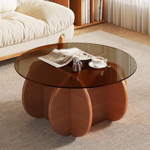 DazzlingZLL Table basse ronde en verre trempé nordique avec pieds en bois - Table d'appoint moderne pour la maison, le salon, la table basse - 80 cm