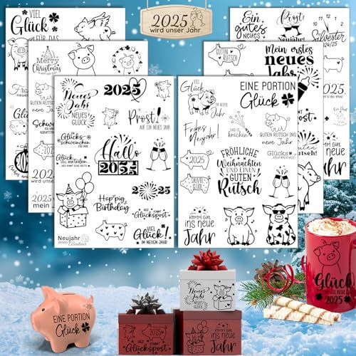 Rub On Sticker Neujahr, 6 Stück A5 Rub On Aufkleber, Folie Transferaufkleber, für Möbel, Glas, Holz, Scrapbooking, DIY Basteln Deko (Neujahr)