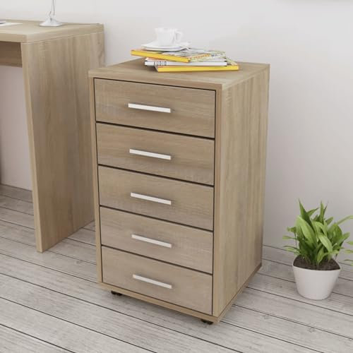 Xichuzi BüroSchubladen, Kommode, Sideboard, Highboard, Schrank,Schrank auf Rollen 5 Schubladen, Kommode, Sideboard, Highboard, Schrank, Eiche