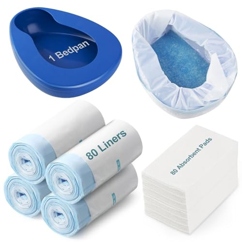 Bedpan Set with 80 Super Absorbent Pads and 80 Disposable Liners - These bedpans are Comfortable for Both Women and Men and are Made of Thick, Oversized, Heavy-Duty PP Material