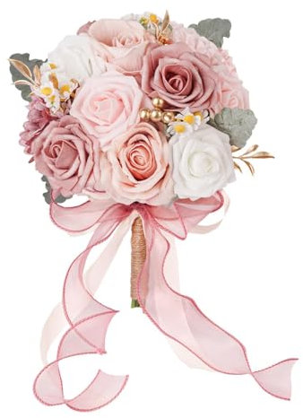 Amagogo Hochzeitsstrauß, Brautstrauß, künstliche Blumen, Seidenrosen, Blumen zum Valentinstag, Brautparty, Jahrestag, Rosa Weiß