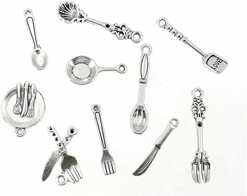 Pendentifs de Cuisine en Argent Vieilli Chef atures Fourchette Assiette 10 pièces-par défaut