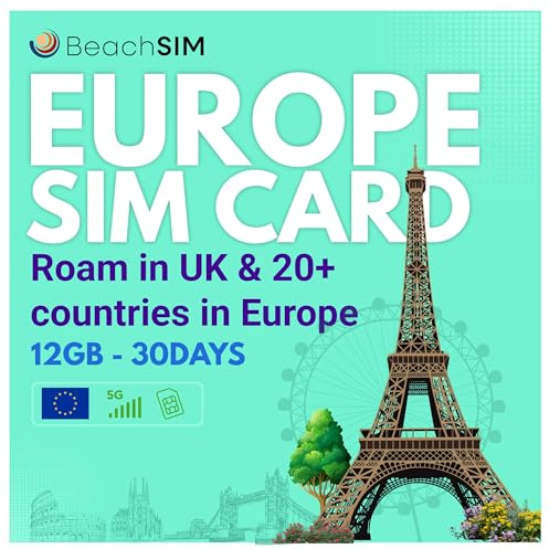 BeachSIM SIM Karte Europa 30 Tage. 12 GB Datenvolumen mit 4G/5G-Netzen. Funktioniert in Großbritannien, der Schweiz und 27 EU-Ländern. Schnelle Aktivierung. Kompatibel mit iOS- und Android-Geräten.