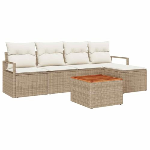 vidaXL 6-teiliges Garten-Sofa-Set mit Kissen in Beige, aus Poly-Rattan und Akazie für entspannte Stunden im Freien. Modulares Sitzarrangement für Terrasse und Garten.