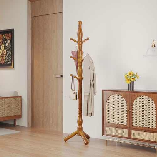 Multibao Sturdy Wooden Coat Rack Stand Vintage Posh Solid Wood 185cm with 9 Hooks Heavy Duty Free standing Hall Coat Hat Clothes Tree Stands for Hallway Entryway Bedroom Office (Golden Teak Finish)