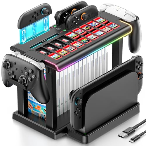 Gersker Switch/OLED/2 Organizer Station mit Joy Con 2 Ladestation, Switch 2 Spiele Aufbewahrung, Magnetisches Switch 2 Ladegerät mit RGB Licht und 18 Steckplätzen für Spielkarten, Gaming Zubehör