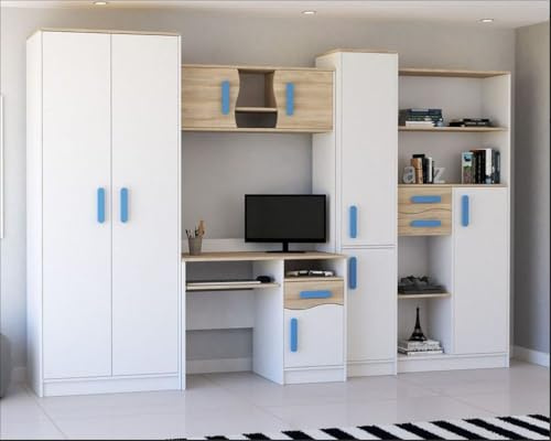 Agritrade AK Mathias 5-Piece Youth Bedroom Furniture Set, Wardrobe, Desk, Tall Bookcase, Low Storage & Wall Shelf W 300 cm x H197 cm Height (body: white/handle: blue)