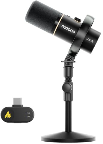 MAONO PD200W Hybrid Wireless Podcast Microphone for PC, Dynamic XLR USB Mic with Desktop Stand, Software, Noise Cancellation, for Vocal Recording, Streaming, Content Creation, Home Studio, Voiceover