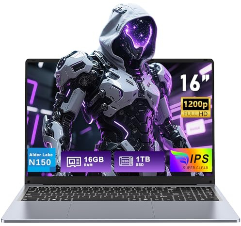 FUNYET Ordinateur Portable 16 Pouces, 16 Go de RAM, 1 to de SSD, 2025 Win 11 Pro Laptop, PC Portable Processeur N150 (jusqu'à 3,6 GHz), 6000 mAh, FHD 1920 * 1200, Clavier rétroéclairé