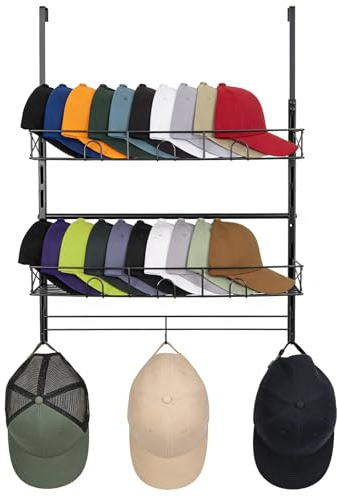 Worephu Over The Door Hat Organizer, 3-Tier Wall Mounted Hat Rack with 2 Metal Baskets & 3 Hooks, Space Saving Storage for Baseball Caps, Scarves, Accessories for Bedroom, Closet, Hallway