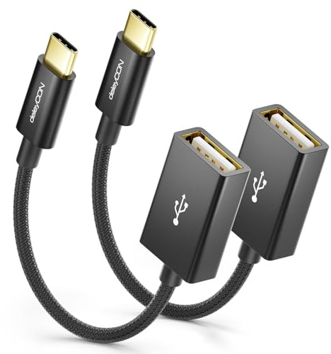 deleyCON 10cm USB-C auf USB-A OTG Kabel Adapter, 2 Stück | Kurzes 10cm, C Stecker auf A Buchse, kompatibel mit iPhone 17 Air/16 Pro Max/15 Max, iPad, MacBook, Galaxy S26/S25/S24