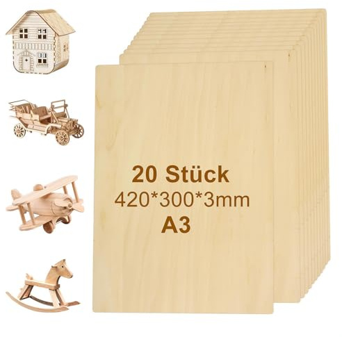 Sperrholzplatte 3mm/2mm - 10-20 Stück Sperrholzplatte 2-3mm, A3-A5 Sperrholz, Sperrholz Holzplatte, Laserbearbeitung Speziell, Geeignet für DIY-Holzarbeit, Modellierung, Malerei (A3-3mm-20pcs)