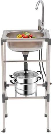 Goddlgjik De pie Ausgussbecken de acero inoxidable 60KG capacidad de carga fregadero de cocina con grifo de 360° almohadillas de pie reducen 42x37x83CM fregadero al aire libre lavabo de jardín, para