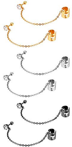 JewelryWe Schmuck 3 Paare Ohrklemme mit Kette Edelstahl Zirkonia Eisernes Kreuz Ohrringe Ohrclips Ohr Manschetten Fake Piercing Ohrstecker für Damen Herren Silber Gold Schwarz