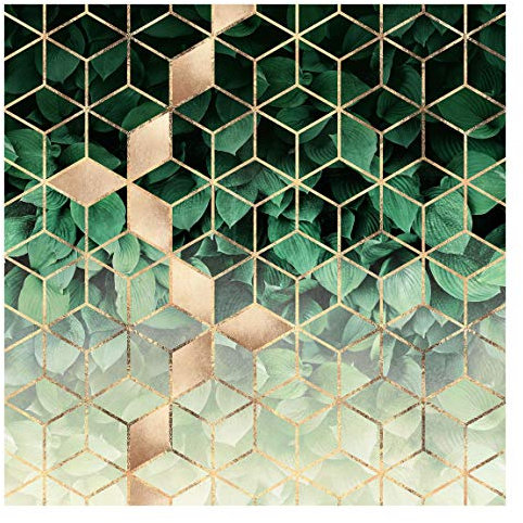Fototapete - Grüne Blätter goldene Geometrie - Vliestapete Quadrat 192 x 192cm