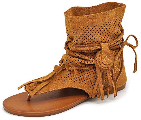 IF Fashion Scarpe da Donna Sandali Indianini Infradito Etnico Frange Pelle Sintetica GLY-103 Camel N.39