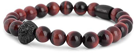 Akitsune Regis Perlenarmband - Armschmuck Damen Herren Beads Löwe - Mattschwarz - Tigerauge Rot - 20cm