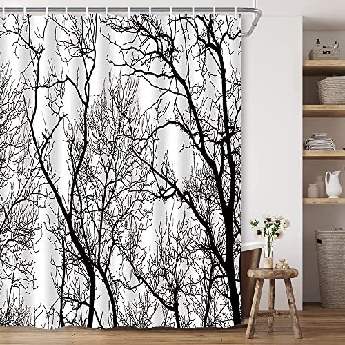 BCNEW Waldbaum-Duschvorhang, Tribal, weiße Birke, Herbst, Horror-Zweige, schwarze Kunst, abstrakte Herbst, Winter, Wald-Thema-Silhouette, Polyestergewebe, 178x178 cm, mit Hakenloch