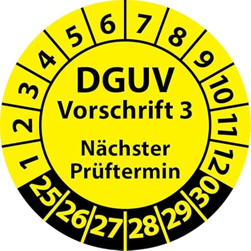 Prüfplakette DGUV Vorschrift 3 Nächster Prüftermin, selbstklebend, Prüfaufkleber, Prüfetikett, Plakette (30 mm Ø, Gelb, 500)