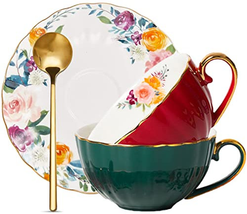 ONEUSTAR Tea Cups and Saucers Set of 2 Bone China Floral English Teacup with Spoon Coffee Cups Cappuccino Espresso Latte Mug for Christmas Gift, 8 Oz