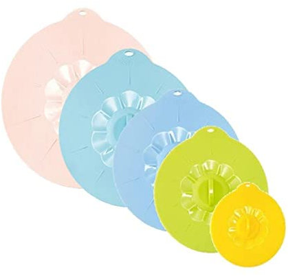 Jzhen 5pcs Couvercle Silicone Alimentaire, Couvercles Extensibles en Silicone, 5 Tailles Différentes Couvercles à Ventouse en Silicone, pour Bols, Casseroles, Assiettes, Tasses, Canettes