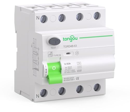 Interruptor diferencial/RCCB/Tipo B AC/DC / 63 A - 30 mA / 4 Polos / 10KA / 400V / Cargador Coche Eléctrico TONGOU