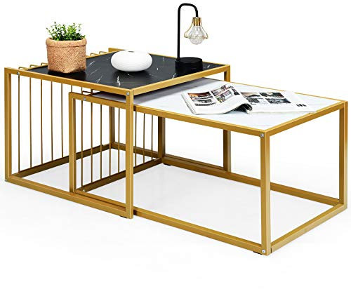 GOPLUS 2er Set Quadratischer Couchtisch, Beistelltisch mit Marmor- Optik & goldem Metallgestell, Platzsaprarend und Satbil, Satztisch für Wohnzimmer, Schlafzimmer, einfache Montage