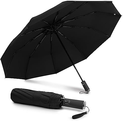DOFOWOT Paraguas de protección UV para lluvia, paraguas resistente al viento, antirrebote, UPF 50+, paraguas de viaje compacto para mujeres y hombres, Todo negro, 12 Ribs