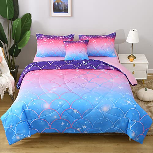 JQinHome Meerjungfrauen-Bettwäsche-Set, 6-teiliges Bett in einer Tasche, 3D-buntes Bettwäsche-Set für Mädchen und Kinder (1 Bettdecke, 1 Spannbetttuch, 1 Kissenbezug) (rosa Meerjungfrauenwaage)