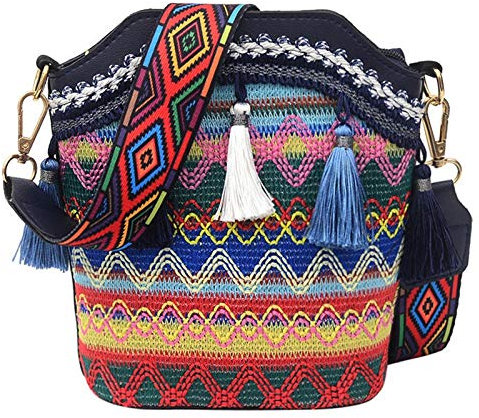 Estilo éTnico Bohemio de las Mujeres de Paja Tejida Bandolera Bandolera Retro Casual Bolso de Cubo Azul Marino