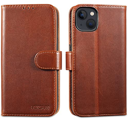 LENSUN Echtleder Hülle für iPhone 13 5G, Handyhülle [Echtes Leder][Magnetverschluss][RFID Schutz] Handytasche Lederhülle Flip Cover Kompatibel mit iPhone 13 - Dunkelbraun