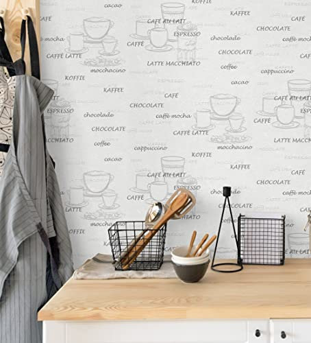 GAULAN 421638 - Papel Pintado vinílico Lavable de Tazas de café Desayuno, Gris Blanco con Relieve para Pared Cocina Mueble Oficina despacho Bares - Rollo de 10 m x 0,53 m