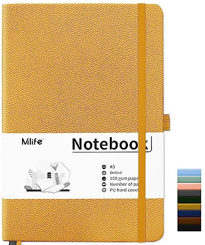 Mlife Notebook A5,Dotted Journal Buch mit 200 Seiten, Premium 100gsm Tintenfestes Papie Dickes,PU Hard Cover Notizbuch,Innentasche,Elastisch Gebändert,bullet journal&Dotted Notizblock A5(Gelb)