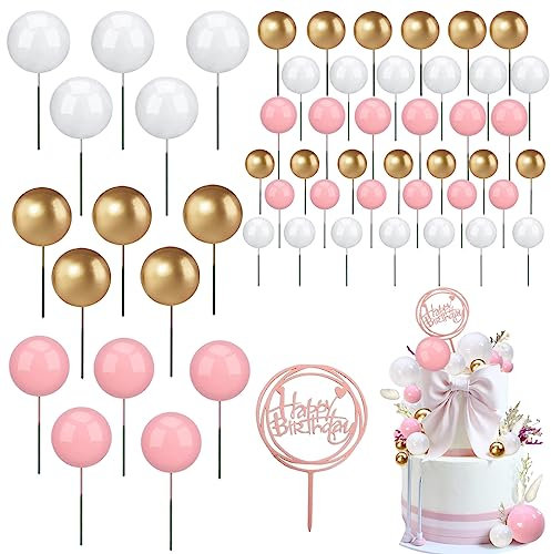 45 Stück Kugeln Tortendeko 1 Stück Happy Birthday Tortendeko Rund,Rosa Kugeln Kuchendekoration für Geburtstag Mädchen,DIY Tortendeko Kugeln Cupcake Topper Kugeln für Hochzeiten, Geburtstage