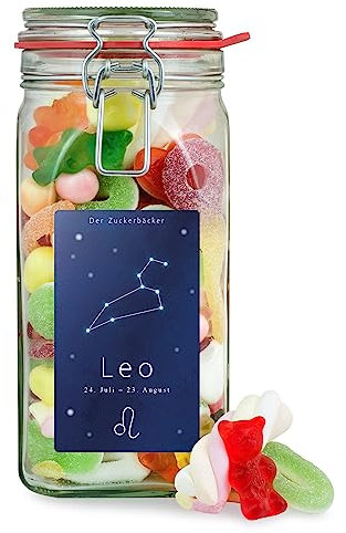 Leo Sternzeichen Süßigkeitenglas – leckerer Süßigkeiten-Mix im hochwertigen Geschenk-Glas, tolle Geschenk-Idee für Freunde mit Sternzeichen Löwe