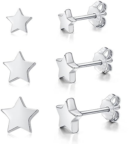 Loutade Damen 925 Sterling Silber Ohrstecker Set - 3 Paare Stern Ohrstecker, Hypoallergen Schlafen Klein für Mehrere Ohrlöcher, 4/5/6mm Flach Knorpel Silber