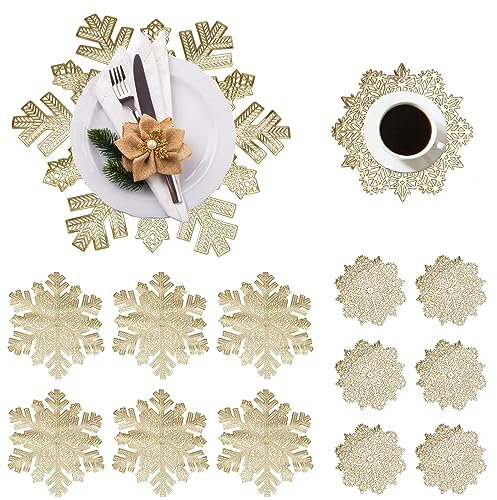 Kleemeiero 6er Set Platzsets and 6 Untersetzer Schneeflocken Tischsets PVC Weihnachten Platzset Rund Tischuntersetzer Abwaschbar Hitzebeständig Platzdeckchen für Küchentisch 38 cm (Gold)