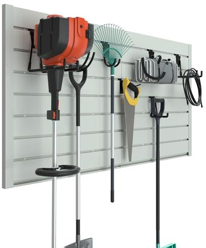RELIANCER PVC-Lamellen-Wandpaneele, 1,2 m x 0,6 m, Garagen-Wand-Organizer, Aufbewahrungssystem, ineinandergreifende Lamellenverkleidungen, Werkstatt-Slatwall-Regale, Werkzeug-Organisation, Wandregal