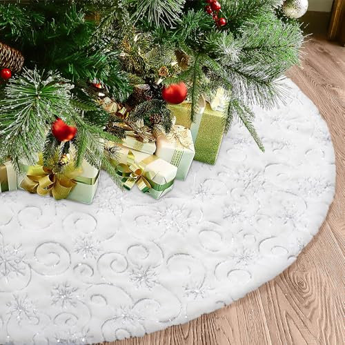 Dremisland Große Weihnachtsbaum Rock 122cm Weiß & Silber Plüsch Weihnachtsbaumdecke Pailletten Schneeflocken Christbaumständer Rund Christbaumdecke Rock Matte für Zuhause Feier Weihnachtsbaum Deko